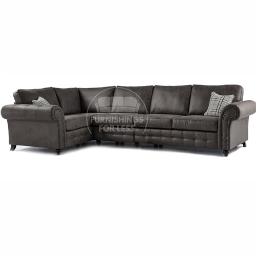 Furnishings For Less UK New Country Oakland Long L Shaped 5 Seater 1 Corner 3 Sofa Charcoal Leather (Left Hand Facing (1 Corner 3), Charcoal Grey)