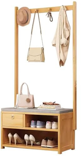 Bambus-Garderobe für Flur, mit Schuhaufbewahrung, Bank und Kleiderstange, 4-in-1, Baum-Organizer mit abnehmbaren Haken für den Eingang