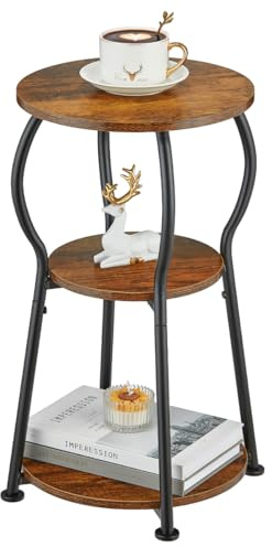 ZEXVIDA Runder Beistelltisch Vintage, 3-Stufiger Industrieller Couchtisch Klein mit Robustem Metallrahmen, Nachttisch Kleiner Tisch Runder Sofatisch für Wohnzimmer Schlafzimmer Balkon (Vintagebraun)