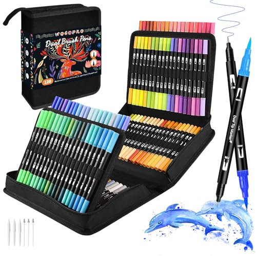 WOGOPRO Colouring Pens, 120 Felt Tip Pens, Dual Tip Brush Pens, Drawing Pen Art Pen Marker for Colouring, Painting, Sketching, Writing, Journaling