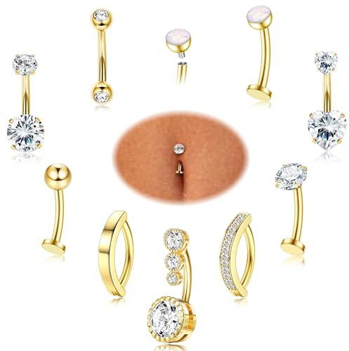 Hypoallergenic Gold Belly Button Bars - 14K Gold Plated Belly Bar Surgical Steel Silver Belly Button Piercing Cubic Zircon Opal Click Floating Belly Ring Navel Piercing Jewellery 14G Golden 12MM