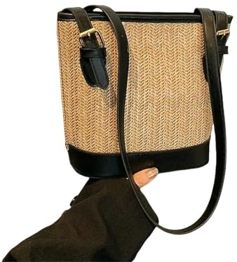 Gyios Strohtaschen Damen Shopper Gewobene Strohtasche Mode Handgefertigte Flecht Große Kapazität Handtasche Rattan Schultertasche Frauen Mädchen-schwarz