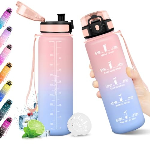 KollyKolla Gourde 1L, Bouteille Motivation Étanche avec Filtre sans BPA, Bouteille Sport avec Marqueur de Temps, Gourde Réutilisable pour Adulte, l'école, Sport, Bureau, Yoga, Camping