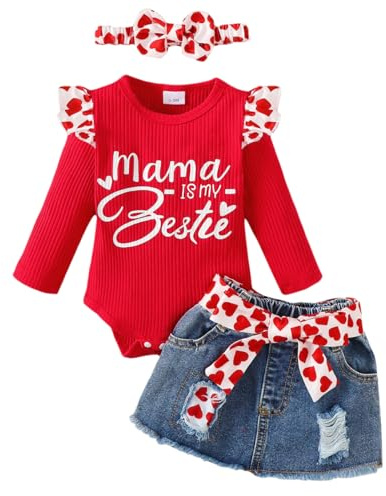 LUVCES Ropa para Niña Recién Mono con Volantes+ Falda Vaquera Rota Conjunto | Manga Corta/Larga Estampado de Letras Mameluco,Falda Vaquera con Corazón,Traje de Verano Otoño,Ropas el Día de San Valentín