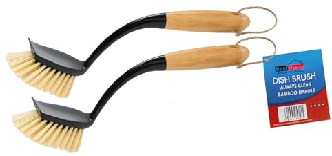 BH | Dish Brush with Bamboo Handle | Dish Washing Cleaning Brush | 2 Pcs | Long Handle Kitchen Scrub Brush for Pans, Pots, Kitchen Sink Cleaning with Strong Grip and Durable Bristles - By BEST HOUSE