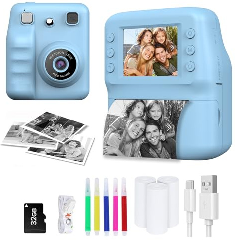 YOBWOK Camara Fotos Infantil instantanea, 2.4 HD 1080P Cámara Instantánea para Niños con Tarjeta de 32G Bolígrafos de Colores y Papel de Impresión, Regalo para Niños de 3 a 12 años,Azul