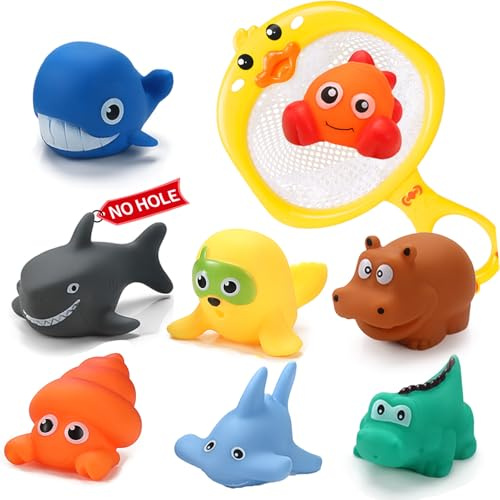 Guopai Juguetes de Baño Bebé - Set 9 Piezas Juguetes Bañera Sin Agujeros Antimoho, Animales Flotantes de Goma con Red Patito, Juguete Bañera Bebe, Juguetes Agua y Piscina para Bebés y Niños