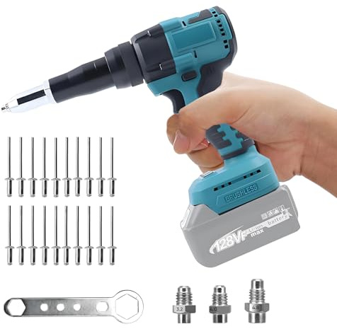 Akku Nietzange für Makita 18V, 2 in 1 Elektrische Nietmutterpistole | Bürstenlose Nietmutterpistole mit LED-Licht, 20 KN, 20 Nieten, 3.2/4.0/4.8mm Adaptern für Reparatur(Ohne Batterie)