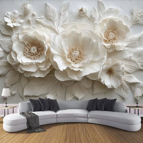 Murales de Pared Peonías Y Margaritas En 3D Papel Tapiz Escultura 3D Papel Pintado de Seda Blanco Fotomural Murales de Decorativos para Dormitorio, Salón, Oficina, Hotel 200x140cm