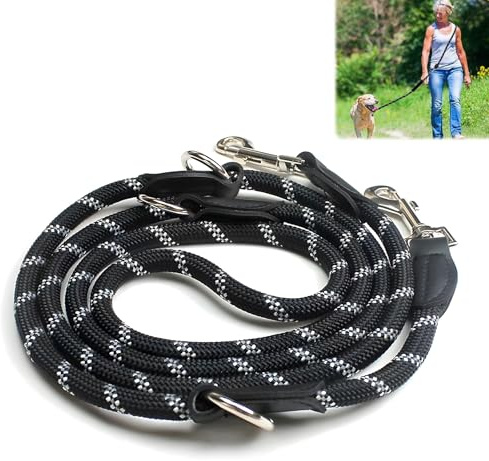 Zliger Correa para Perros, Correa Ajustable de 3 Metros, Diseño de Doble Cordón con Tiras Reflectantes, Correa Multiusos Adecuada para Pasear, Correr y Montar en Bicicleta (Negra)