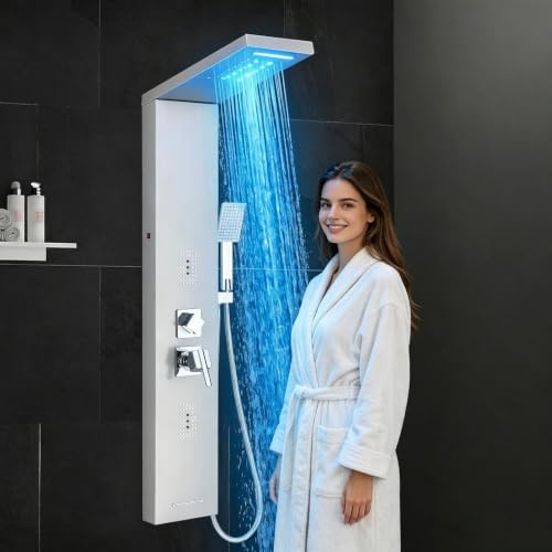 LLFFSSDG Panel de Ducha de Acero Inoxidable con Sistema LED y Columna de Hidromasaje – Ducha de Lluvia, Cascada, Masaje y Ducha de Mano para Baño Cepillado