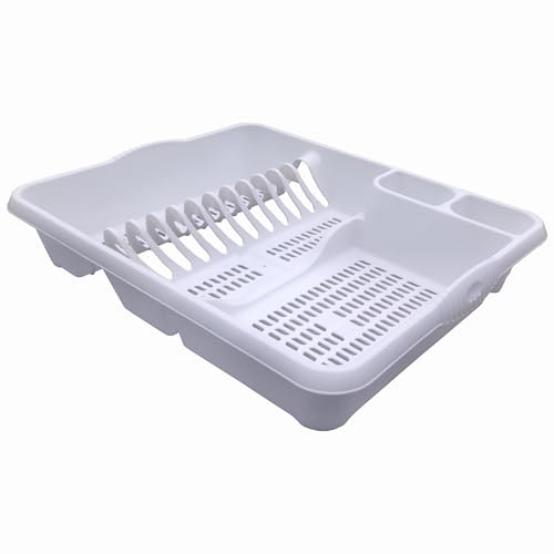 KetoPlastics Large Dish Drainer Rack Kitchen Sink Draining Board Countertop Dish Cup Glass Plate Drying Draining Board with Cutlery Drainer Utensil Holder Plastic - 48 x 39 x 11cm - White