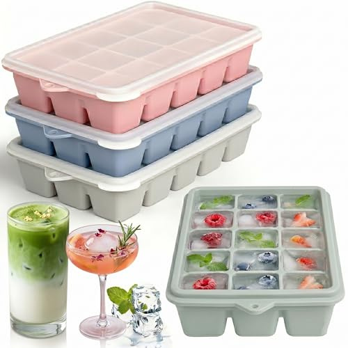 Eiswürfelform Silikon mit Deckel 3er Pack, BPA-freie Silikonform für 15 quadratische Eiswürfel 3x3cm, Stapelbare Eiswürfelbehälter für Whiskey, Gin Tonic und Cocktails, leichtes Herauslösen