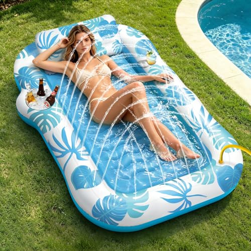 JONRRYIN Materassino Gonfiabile Mare Adulti, Tanning Pool con Funzione Spruzzo e Porta Bicchiere, Materassino Piscina 215×150 cm, Poltrona Gonfiabile Piscina Relax per Mare e Piscina (Blu)