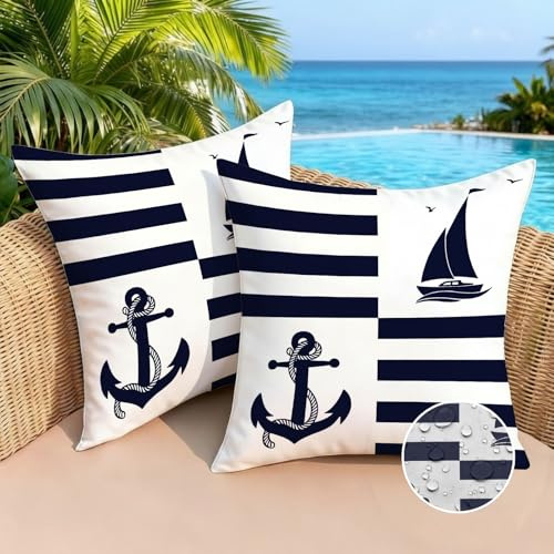 Brylleii 2er Set Kissenbezug Outdoor Wasserdicht Sofakissen 40x40 cm Wasserfest Dekokissen Kissenbezüge Dekorativ Kissen Meer Blau Streifen Kissenhüllen Polyster für Garten Sofa Wohnzimmer Bett