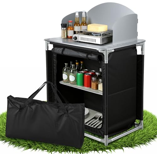Fogmiea Campingküche Campingschrank Klappbar mit Aluminiumgestell und Staufächer, Küchenbox, Zeltschrank, Outdoor Camping Küche, Küchenschrank, Reiseküche für Camping, Gartenparty, Picknick