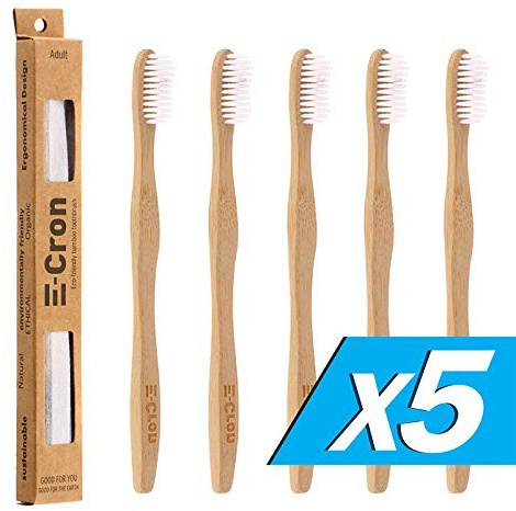 5 x Brosse à dents en bambou (Blanc) E-Cron avec poignée écologique, incurvée, 100% bio et biodégradable. Vos soins dentaires naturels avec la touche propre et chaude du bambou.