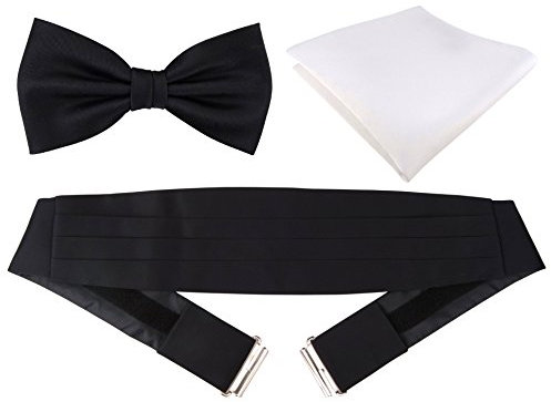 TigerTie - Kummerbund + Satin Fliege schwarz - Einstecktuch weiss, Schärpe Smoking Style