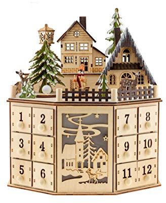 Clever Creations Wooden Christmas Advent Calendar, Countdown to Christmas, LED Holiday Decoration, Battery, Round Village
