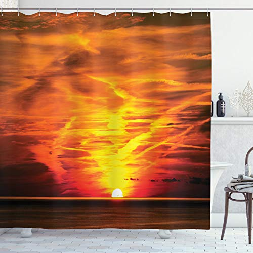 ABAKUHAUS Orange Duschvorhang, Sonnenuntergang über Horizont Meer, Stoffliches Gewebe Badezimmerdekorationsset mit Haken, 175 x 200 cm, Orange
