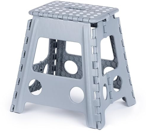 LIVIVO Folding Step Stool – Compact and Lightweight Two Tier Anti Slip Stepping Stool - Folds Flat with Carry Handle for Easy Storage and Transport (Grey)
