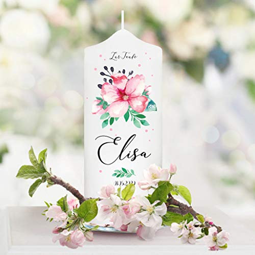 Patenkerze Kerze zur Taufe Blumen Blüten - Patenkerze Mädchen Junge Kerze weiß 18 x 7 cm mit Name und Datum