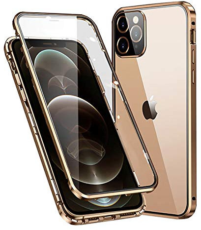 MOSSTAR Case for Apple iPhone 12 Pro, Magnetic Adsorption Metal Bumper with Front and Back Transparent Tempered Glass Flip Cover 360 Degree Full Body Protective Case for iPhone 12 Pro 6.1, Gold
