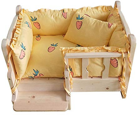 JLXJ Wooden Dogs Bed with Soft Mat, Winter Pet Cot, for Large Medium Small Dogs, Elevated Orthopedic Detachable Kennel with Stairs and Fence (Color : Yellow, Size : 100×65cm/39×25in)