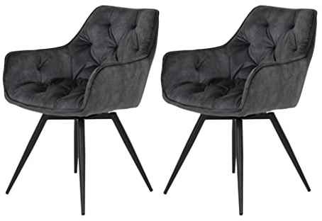 Hela Tische, 2er Set Esszimmer- Küchensessel Florentina, Bezug Vintage Anthrazit, Armlehnen, Metallfuß Schwarz drehbar 360°