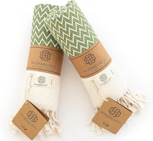 Madamelique Exclusive Hand Towels Set of 2-18 x 40 Inches - Decorative Bathroom Peshtemal Towel for Hand, Face, Hair, Yoga, Tea, Dishcloth, Kitchen and Bath - 100% Pure Cotton (Olive)