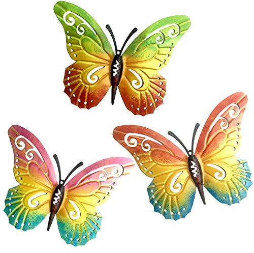 SUNNEKO 3 PCS Large Metal Butterfly Garden Ornaments Outdoor, Metal Wall Art Big Butterfly Decorations for Outside Garden Shed Fences Yard Decorations Wall Hanging