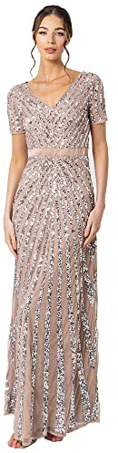 Maya Deluxe Damen Maxi Women's Embellished Sequin Long Short Sleeve V Neck High Empire Waist Cut Shiny Prom We Bridesmaid Dress, Taupe, 36 EU