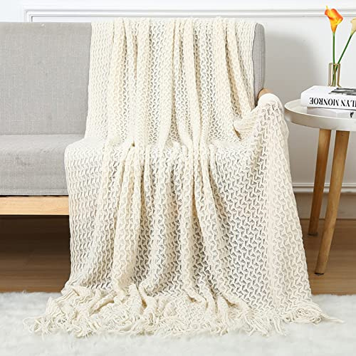 LumiSyne Zellulare Strickdecke Mit Quaste Einfarbige Zartes Hohlen Webmuster Weich Atmungsaktiv Sofaüberwurf Couchbezug Tagesdecke Dekorative Decke Für Sofa Bett Sessel Auto Reise