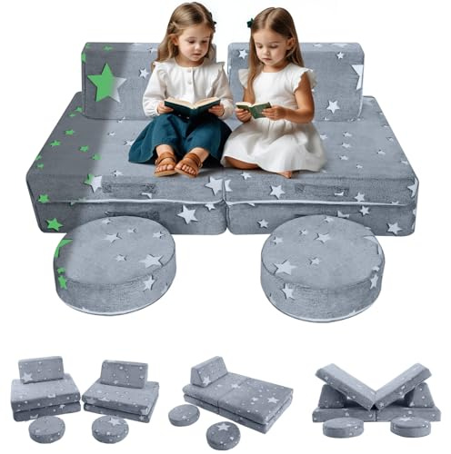 MeMoreCool Kids Glow Sofa Modulare Kleinkindcouch für Spielzimmer, 8-teiliges ausklappbares Babycouch-Spielset, umwandelbares Kindersofa