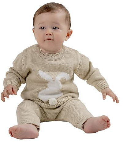 Minora Baby Kleidung Hose und Pullover Outfit Set - Gestricktes Winterbekleidungs Set mit Hasenmuster für Jungen und Mädchen - Beige, 1-3 Monate
