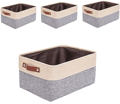 Mangata Faltbare Aufbewahrungskörbe mit Ledergriff,[4 Pack] Verdicktes Leinen Stoff Aufbewahrungsbox Korb für Kleiderschrank, Unterwäsche, Bücher, Kosmetik (Grau/Beige, Klein)