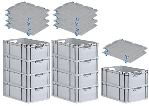 PROREGAL SparSet 10x Eurobox NextGen Grip mit Auflagedeckel & 4 blauen Schiebeschnappverschlüssen, HxBxT 22x40x60cm, 44 L, Grau, Griffe offen, Eurobehälter, Transportbox