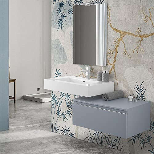 Inbagno Mobile bagno sospeso con lavabo 100. Cassettiera 80 cm blu pastello opaco con chiusura soft-close, lavabo sospeso in resina 100 cm e specchio reversibile a filo lucido 70x90 cm