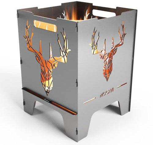 MOCAVI Edelstahl Feuerkorb Deer 52 cm | 3 mm V2A Design-Feuertonne für Garten, Terrasse und Balkon Feuerschale Feuersäule massiv sicher quadratisch Feuerstelle Outdoor faltbar hitzefest eckig