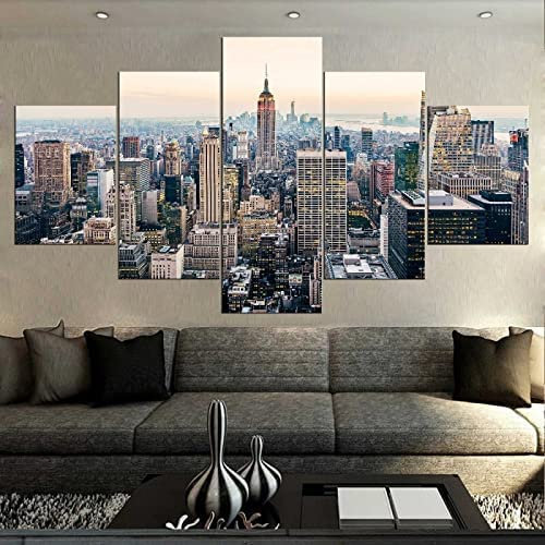 5 Stück Leinwand Wandkunst Hd Leinwanddrucke - Blick Auf Gebäude In New York City - Druck Auf Leinwand Moderne Schlafzimmer Wohnzimmer Haus Dekoration Wandkunst - Rahmenlos 200 X 100 Cm