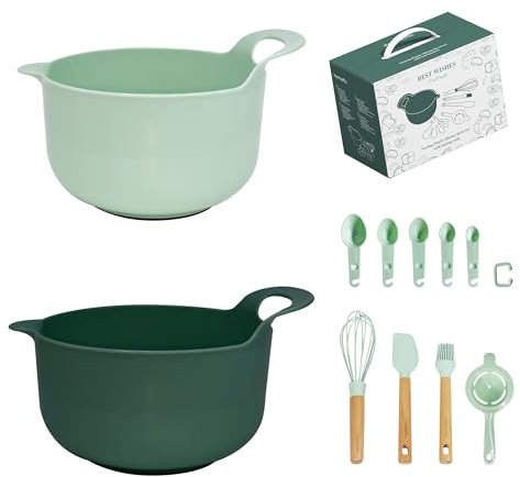 Rührschüsseln – 2 stapelbare Kunststoff-Rührschüssel-Set mit Ausgießern und Griffen und Backwerkzeugen (grün)