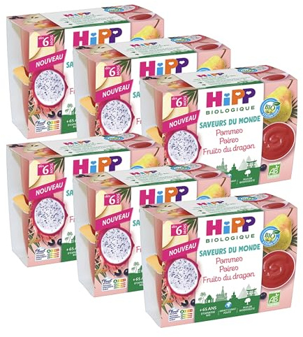 HiPP - Saveurs du Monde - Pommes Poires Fruits du dragon - Coupelles 4x100g - Lot de 6 - BIOLOGIQUE