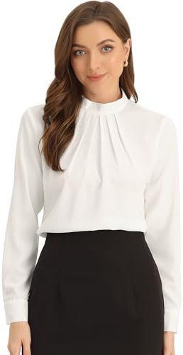 Allegra K Chiffon Blouse for Women's Long Sleeve Formal Tops Work Stand Collar Shirt White M