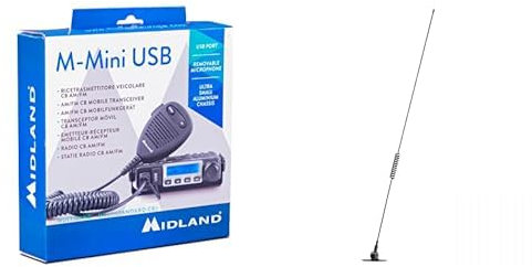 Midland M-MINI USB e Antenna CB RV 65, Radio CB Senza Licenza Multibanda con Presa USB, Dimensioni Ridotte, LCD con S/Meter, Doppia Modalità Squelch, Ricarica Rapida, Presa Altoparlante Esterno