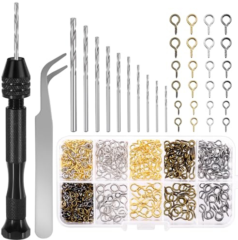 Wokape 492Pcs Pin Vise Hand Bohrer Kit, Micro Mini Twist Bohrer Set enthält 1Pc Push Handbohrer, 1Pc Pinzette, 10Pcs Bohrer, 480Pcs 8/10/13mm Augenschrauben für Harz Casting Formen