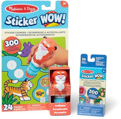 Melissa & Doug Sticker Wow Pacchetto Tigre: Blocco attività di 24 Pagine, Timbratore di Adesivi, 500 Adesivi, Personaggio da Collezione e Giocattolo Fidget per Lavoretti Artistici