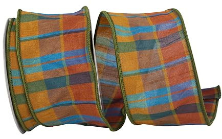 Reliant Ribbon Tierra Schleifenband mit Drahtrand, kariert, Sonnenuntergang, Braun