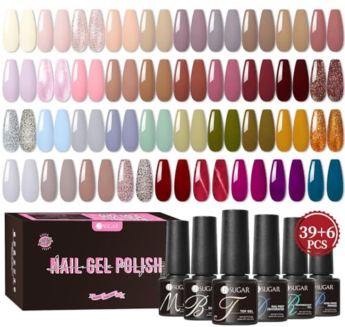 UR SUGAR Vernis Semi Permanent, 45Pcs Vernis à Ongles Paillettes Nude Lot Vernis Gel U V Semi permanent avec Base et Glossy Matte Top Coat, Manucure Kit Nail Art Gel Soak Off pour Salon DIY Débutant