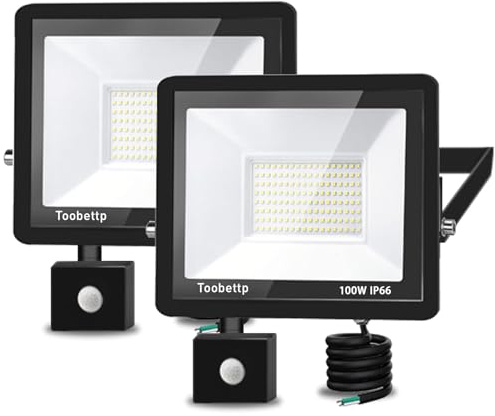 Projecteur LED 100 W avec détecteur de mouvement extérieur, Super lumineux, 6500 K, 10000 lm, Blanc froid, Avec détecteur de mouvement, Étanche IP66, Pour jardin, patio, 2 pièces