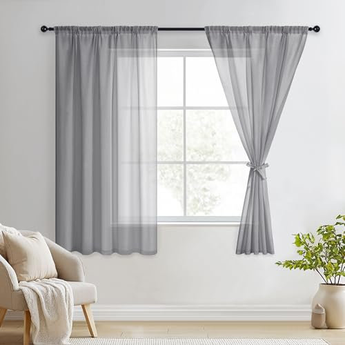 DWCN Sheer Grey Curtains with Tiebacks Transparent Curtains for Windows Pencil Pleat 2 Panels, Grey, W55 x L69 Inch